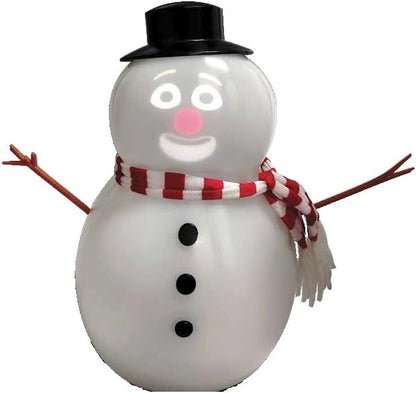Snowman figurine with a black top hat, red and white striped scarf, and carrot nose on a white background