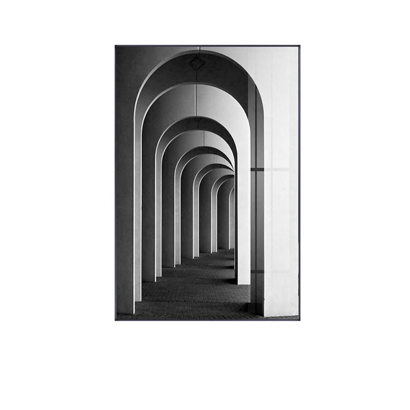 Black and white art pavilion canvas painting with arch corridor