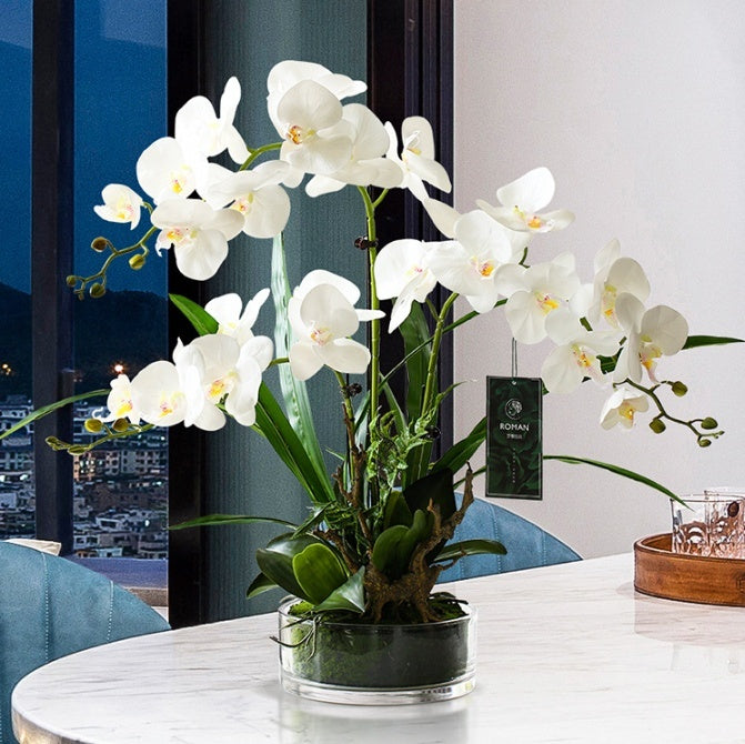 Artificial phalaenopsis orchid potted plant 2 branches white flower desktop display