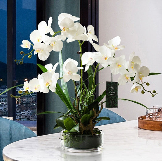 Artificial phalaenopsis orchid potted plant 2 branches white flower desktop display