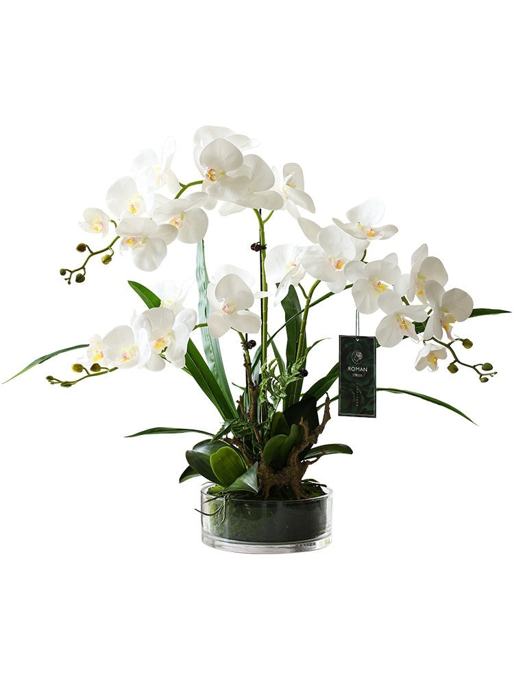 Artificial phalaenopsis orchid potted plant 3 branches green pot display