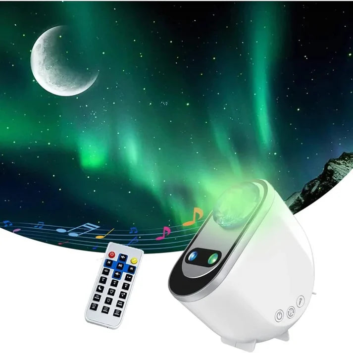 Aurora borealis projector casting green northern lights with moon