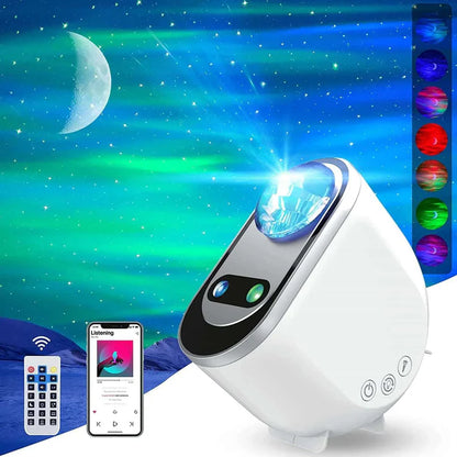 Aurora star projector lighting up bedroom ceiling with galaxy effect