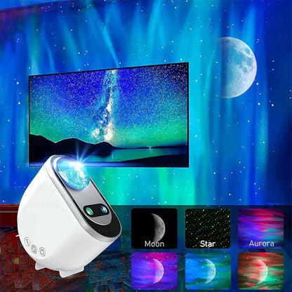 Northern lights projector glowing blue and purple in dark room