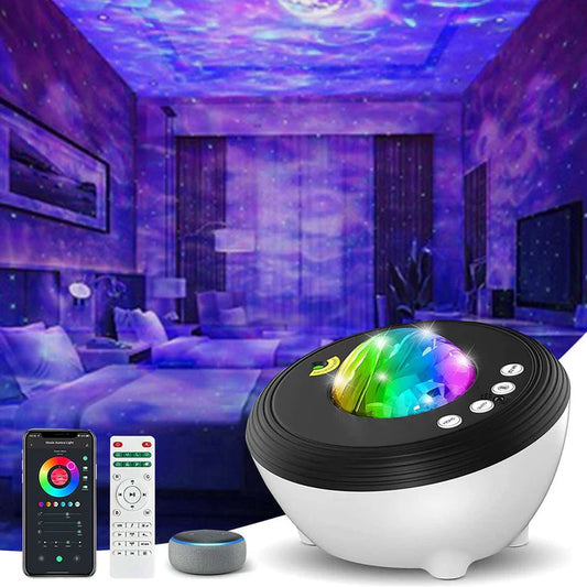 Aurora projector lamp casting blue and purple lights in bedroom