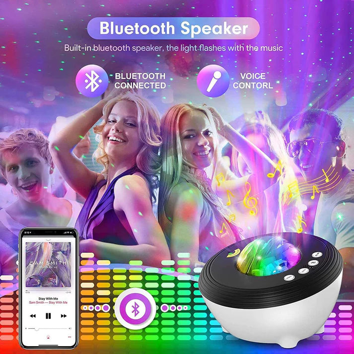 Aurora projector lamp lighting up room with colorful northern lights