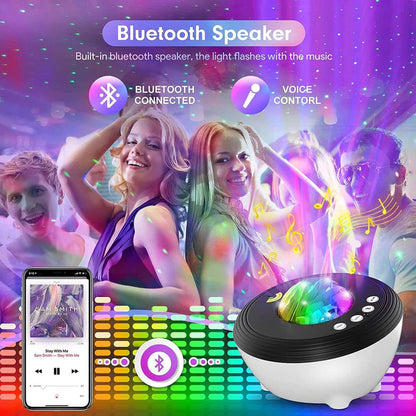 Aurora projector lamp lighting up room with colorful northern lights