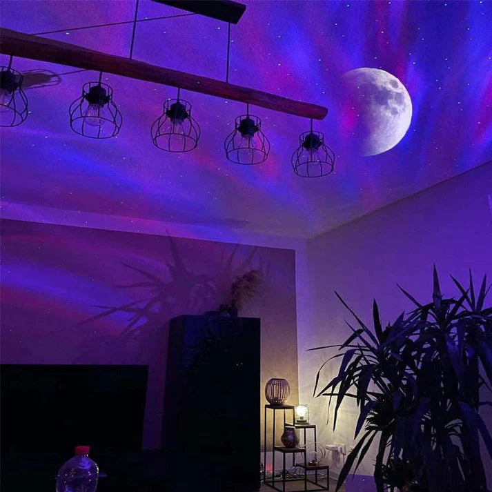 Aurora borealis lamp creating purple ambient lighting in bedroom