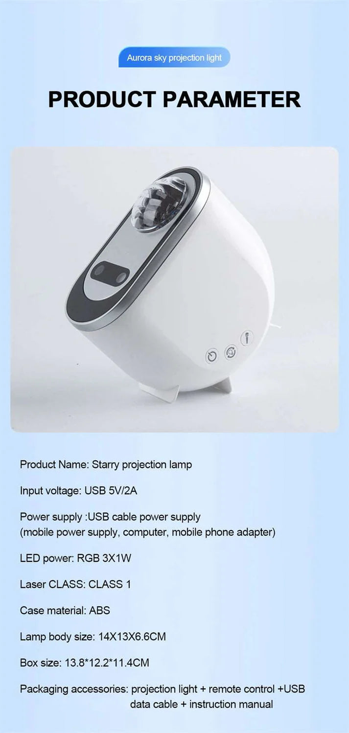 White aurora borealis projector device on nightstand