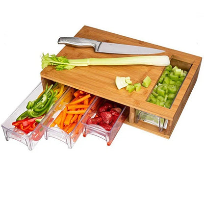 Bamboo kitchen cutting board with drawer open showing removable food tray inside