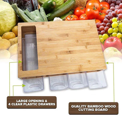 Large bamboo kitchen cutting board with drawer in use on kitchen counter
