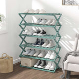 Green 4-tier foldable bamboo plant stand with shoes in living room