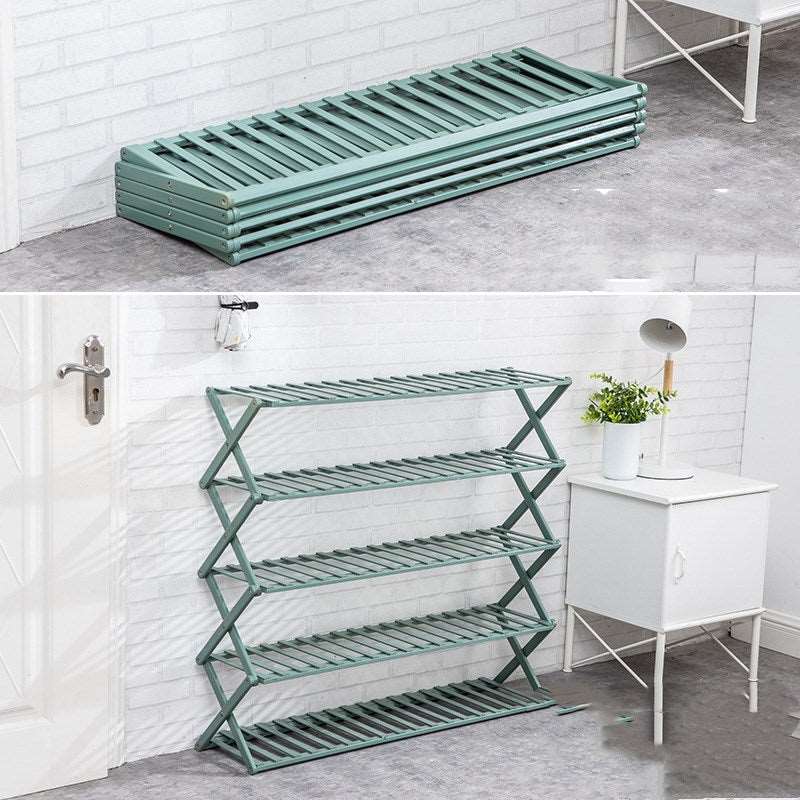 Foldable bamboo plant stand shown in collapsed position
