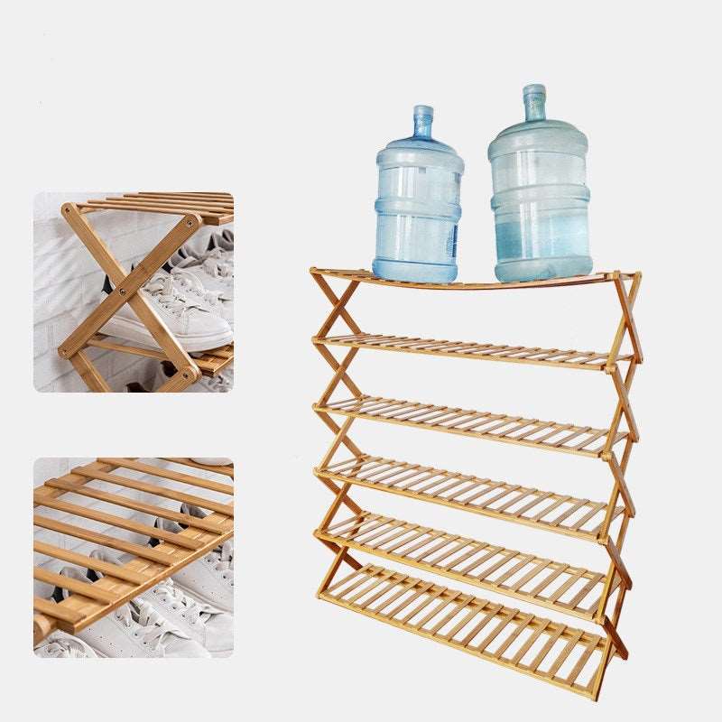 Bamboo plant stand used in garden setting with potted plants