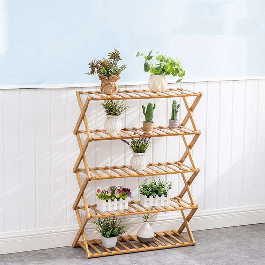 Natural bamboo plant stand foldable rack with plants