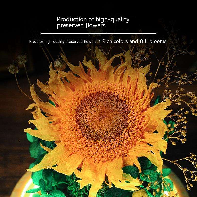 Eternal Sunflower in Glass Dome, Artificial Flower Preserved Fresh Flower Light Decoration Gift Box