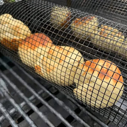 Round BBQ grill basket net full set flat lay with accessories