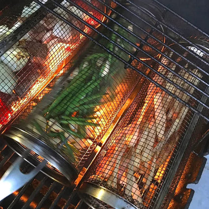 BBQ grill basket net with seafood on outdoor grill