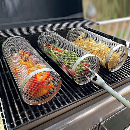 BBQ grill basket net grilling vegetables on outdoor grill