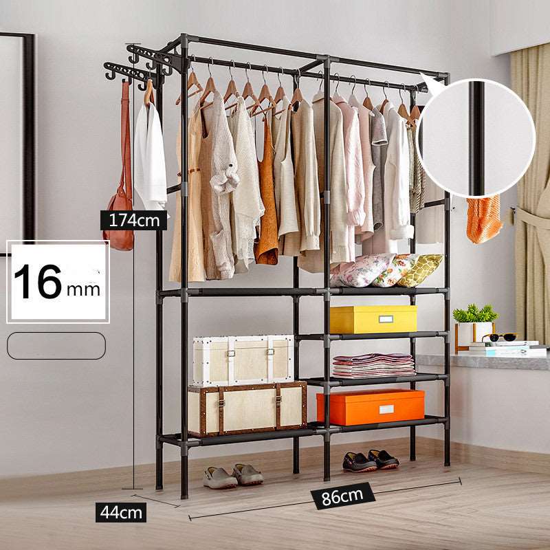 Black bedroom storage clothes rack showing full wardrobe setup