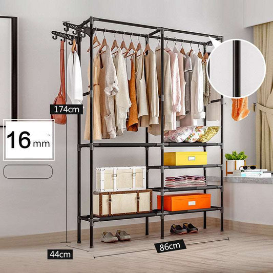 Black bedroom storage clothes rack showing full wardrobe setup