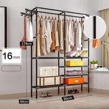 Black bedroom storage clothes rack showing full wardrobe setup