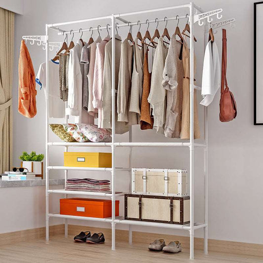 White stainless steel bedroom storage clothes rack with shelves