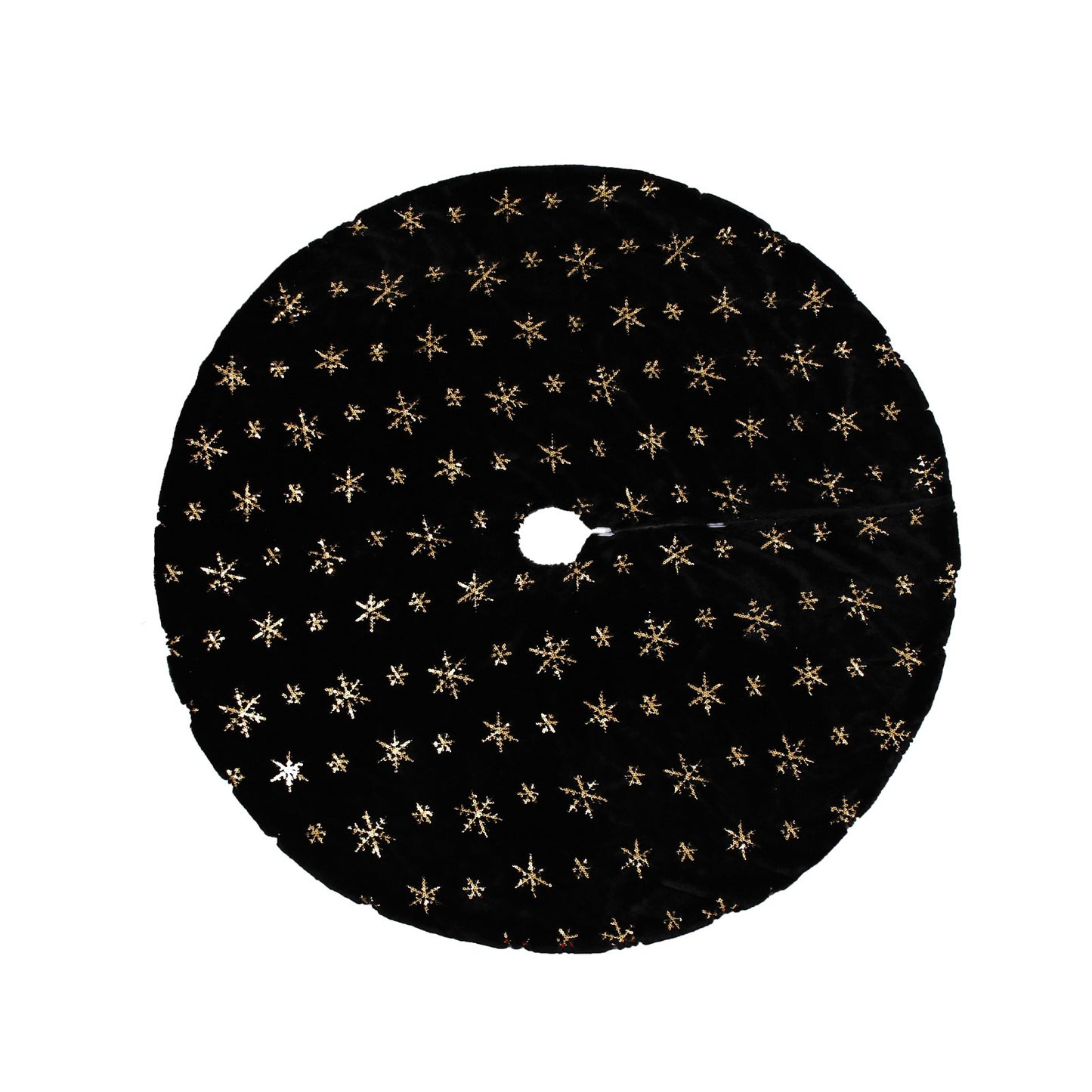 Black velvet faux fur tree skirt with snowy Christmas tree display