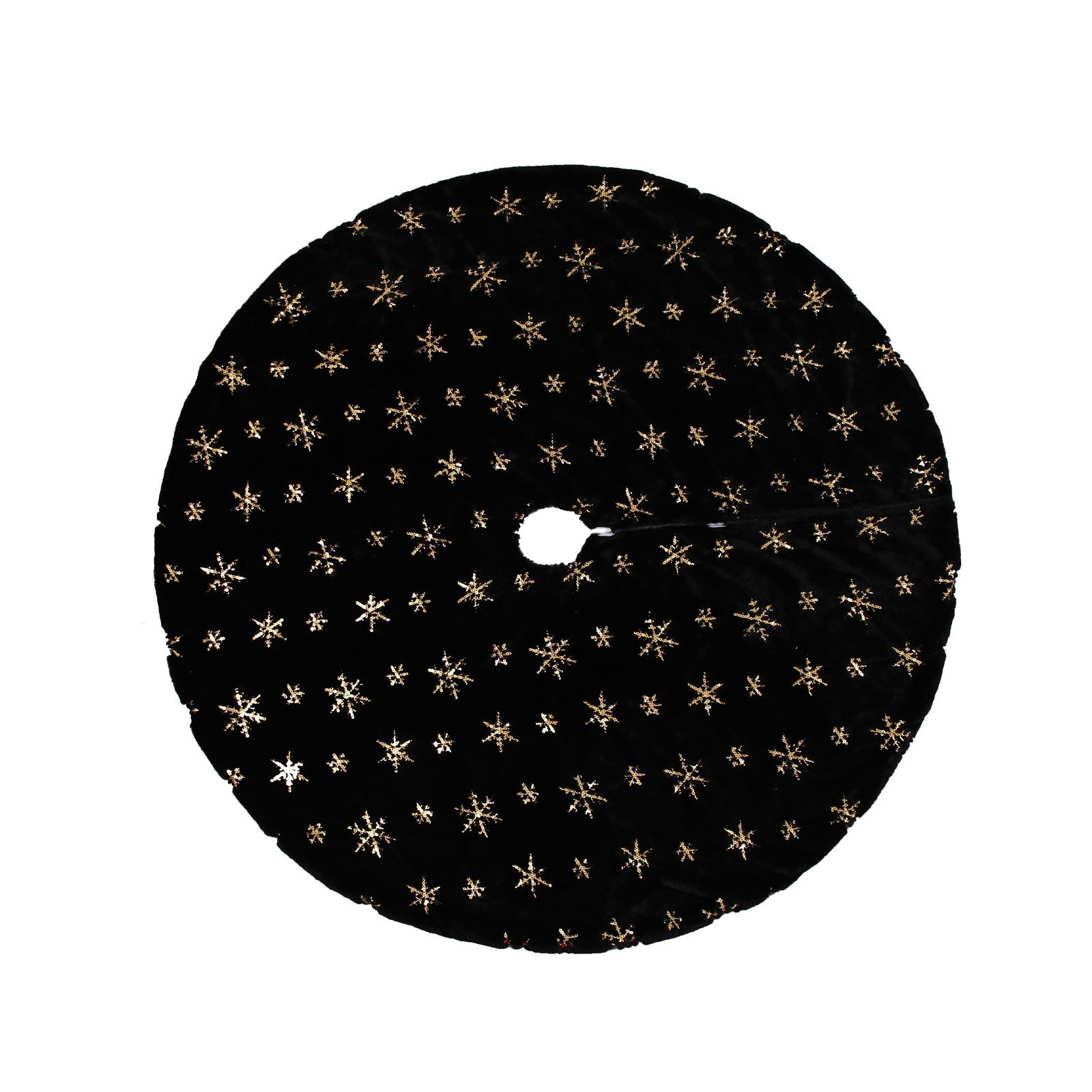 Black velvet faux fur tree skirt with snowy Christmas tree display