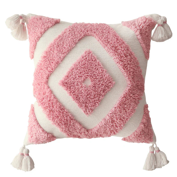 Pink boho tufted pillow cover with embroidered diamond pattern