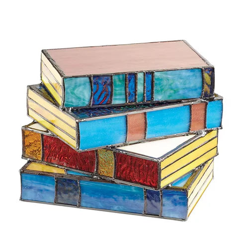 Resin style book stack lamp with colorful translucent pages
