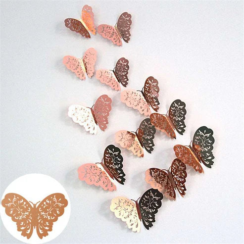 Rose gold 3D butterfly stickers on white wall decor