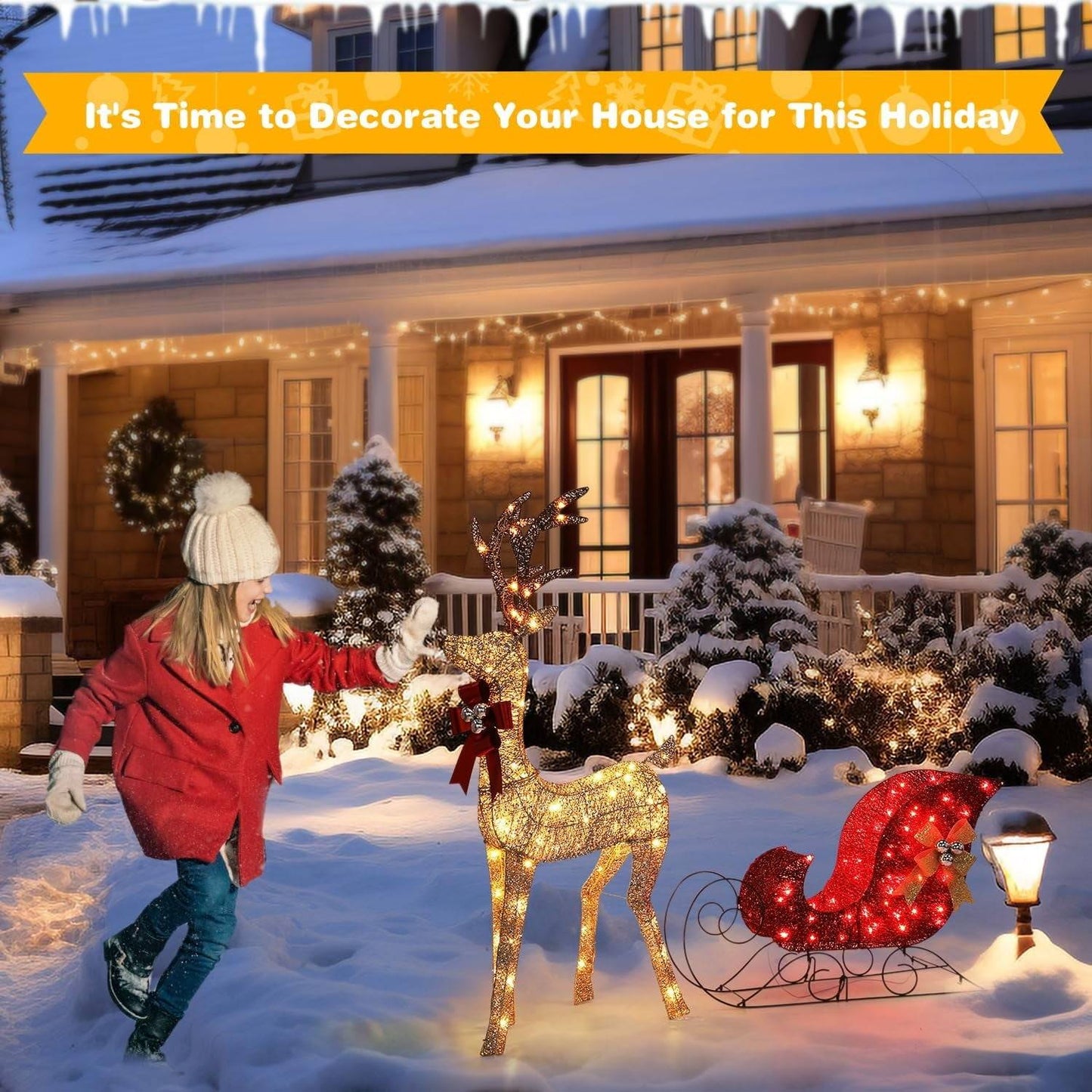 3-Piece Large Lighted Christmas Deer Family Set for Outdoor Yard Holiday Christmas Decor w/ 210 LED Lights, Stakes, Zip Ties Secured Gold