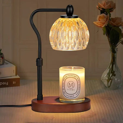Black Glass and Wood Candle Warmer Lamp with Dimmable Light