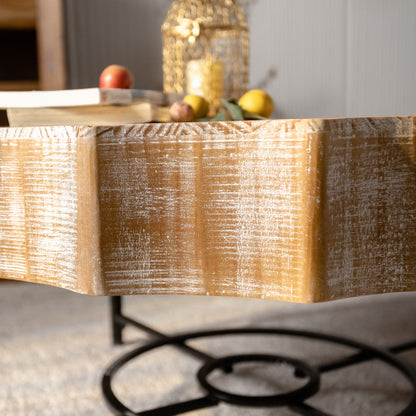 Cedar coffee table natural wood grain top view with decor