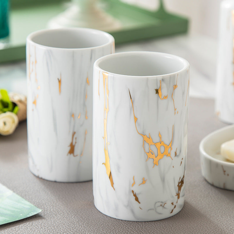 Ceramic toothbrush holder with white marble gold finish