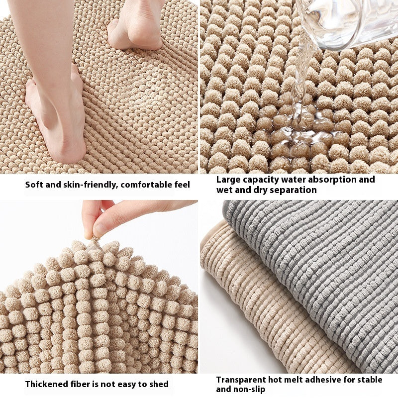 Chenille floor mat shown folded beside a washing machine indicating machine washable care
