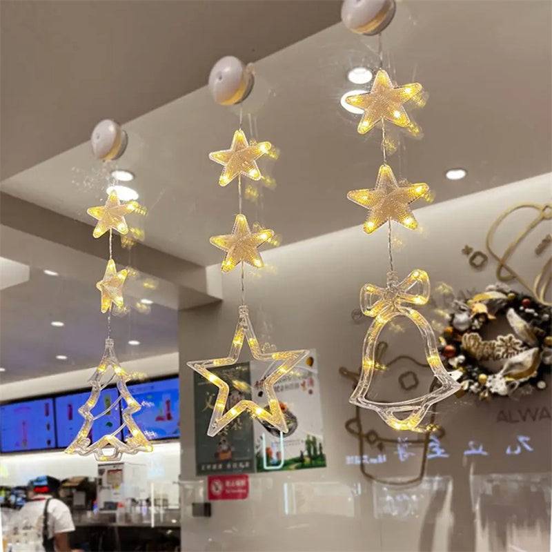 Christmas hanging lights displayed in cafe window