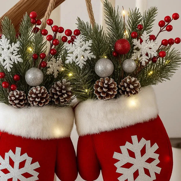Christmas mitten wreath with twinkling LED lights placed in indoor holiday decor setting