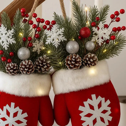 Christmas mitten wreath with twinkling LED lights placed in indoor holiday decor setting