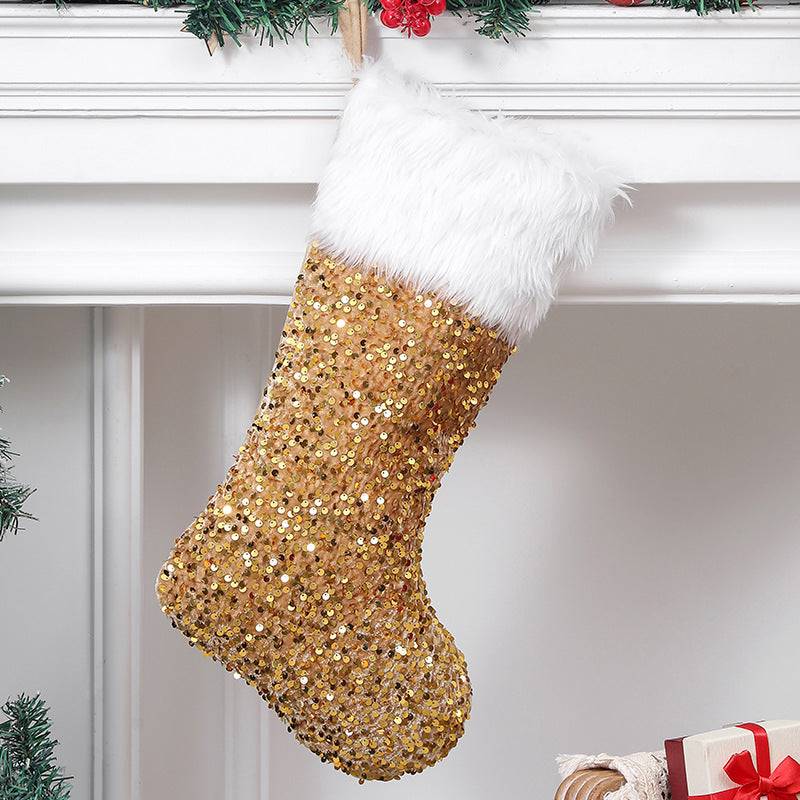 Gold sequin Christmas stocking close up detail