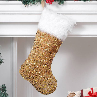 Gold sequin Christmas stocking close up detail