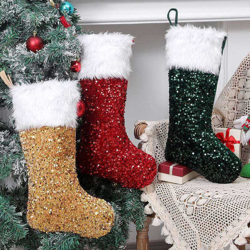 Green sequin Christmas stocking detail view