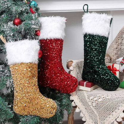Green sequin Christmas stocking detail view