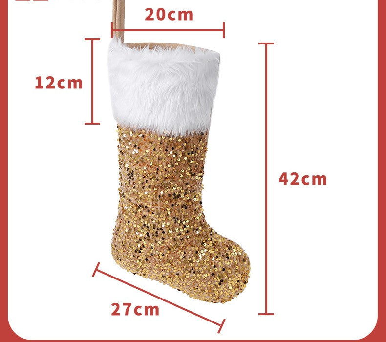 Red plush sequin Christmas stocking close up