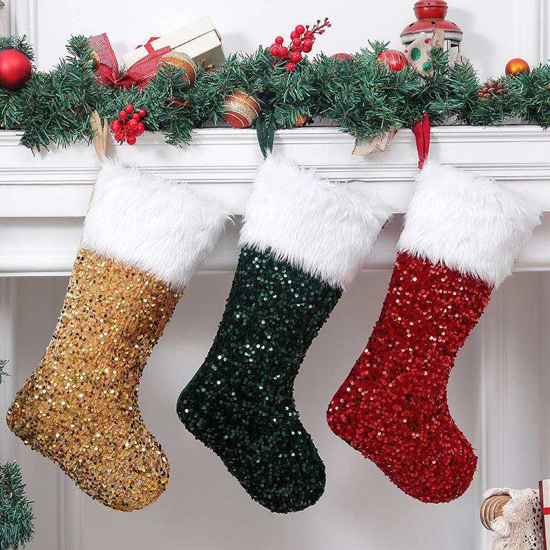 Christmas stockings set displayed with gift boxes