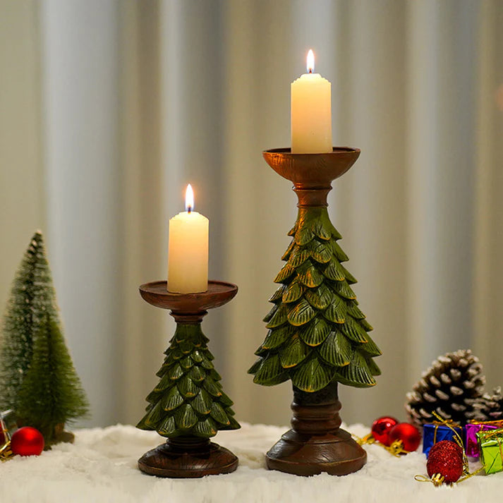 Christmas tree candle holder with lit candle