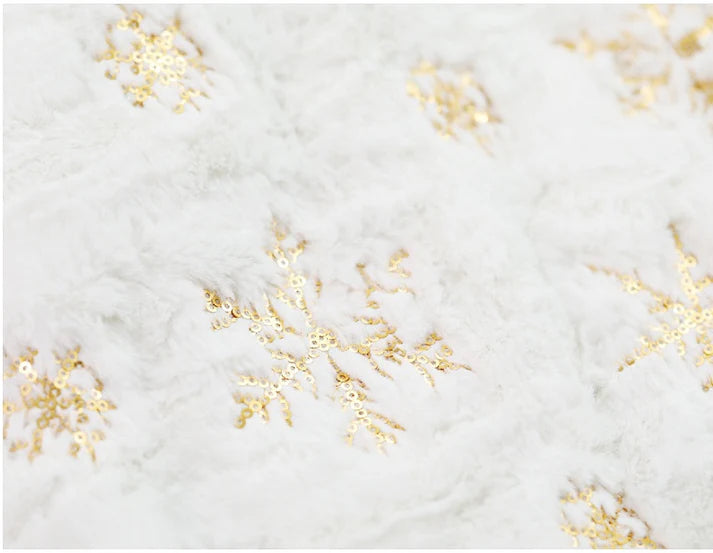 Christmas tree skirt colorful sequin faux fur flat lay