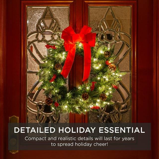 Christmas wreath hanging on front door display