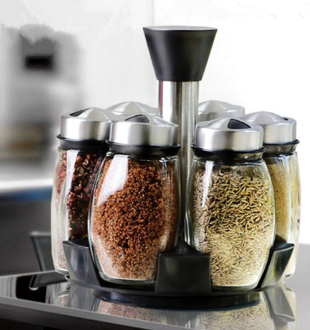 7pc condiment set with glass jars and rotating base